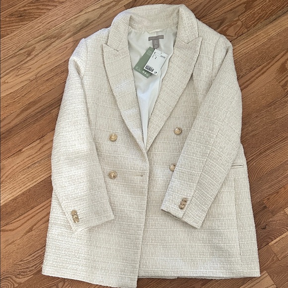 H&M Jackets & Blazers - Womens Cream Double-Breasted Tweed Blazer Coat